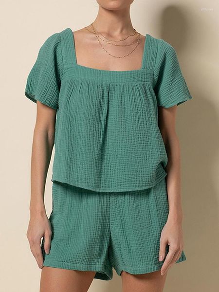 Женская одежда для сна Linad Green Pajama для женщин 2 куски хлопок с коротким рукавом женские домашние костюмы с шортами летние повседневные