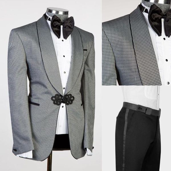 Ternos masculinos Terno 2 peças Blazer calças pretas Sheer Lapela um botão de nó chinês Tuxedo Casamento Costume formal sob medida Homme