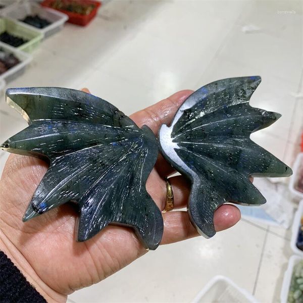 Figuras decorativas Labradorita Natural Bat Wings Cristal Animal Carving Craft Energy Stone Fashion Home Decoration Gift 1Pair