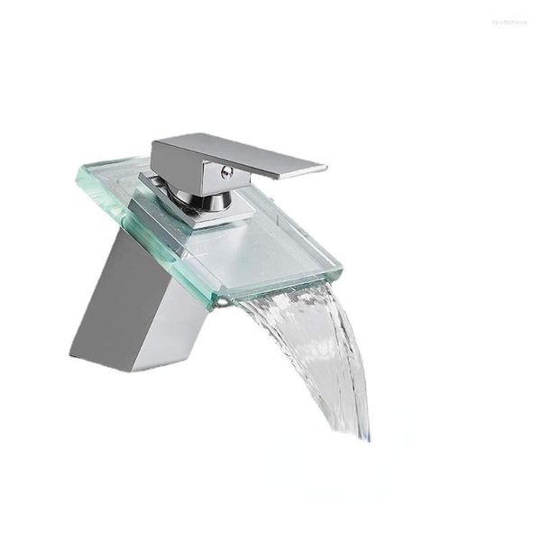 Waschbecken Wasserhähne für Beckenkeramikventil und kaltes Wasser Quadrat Design Messing Glasarmatur Wasserfall Mischung