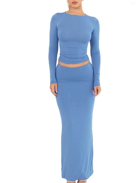 Lässige Kleiderinnen Frauen rippten Strick zweisteuelhafte Rock -Set Langarm Crop Top und hohe Taille Midi - Bodycon Slim Kleid