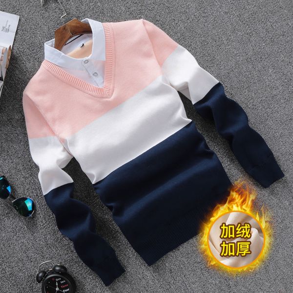 Men S Polos Shirt Colle Sweater Autono e inverno falso Two peças estilo coreano V pescoço de manga comprida malha de malha de fundo 230823