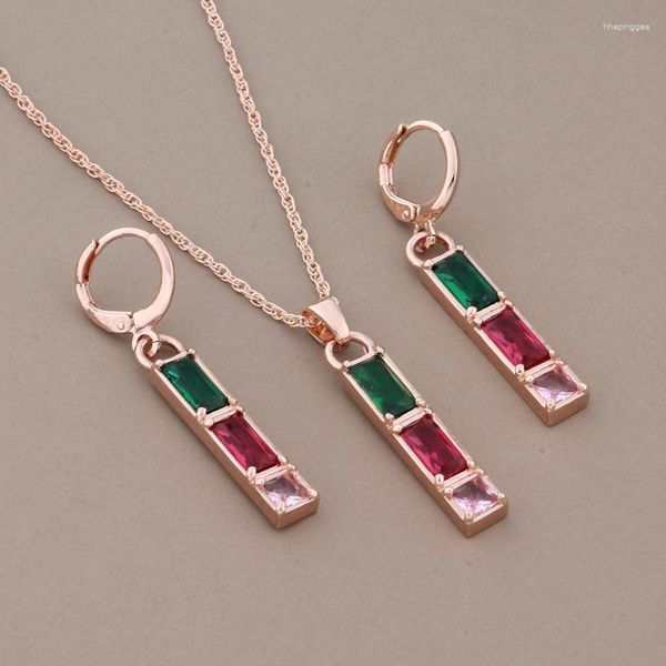 Brincos de colar Definir tendência de cor de ouro rosa pendurado cenários longos para mulheres coloridas de zircão natural de luxo elegante feminino