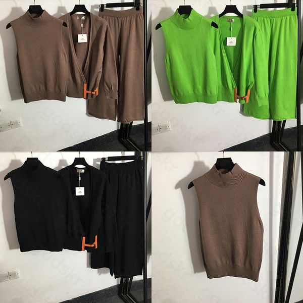 Donnetti a camisole in maglieria pantaloni con gamba larga in alto in pelle con fibbia per maniche lunghe giacca da cardigan a maniche set da 3 pezzi