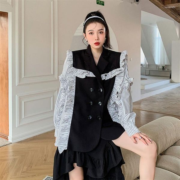 Abiti da donna a striscia casual coreana a maniche lunghe rouffles giacca nera giacca blazer blazer blazer short short short