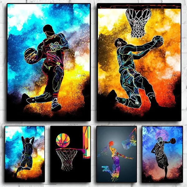 Poster di giocatore di basket astratto Poster e stampe Wall Art Sportsman competitivo Sportsman Painting Picture Wall Picture per bambini Dare Sports Room Decor Nota Frame Wo6