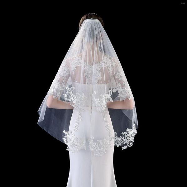 Véus de noiva Branco/marfim de borda curta Aplique o véu de duas camadas com combustão Velo de Novia