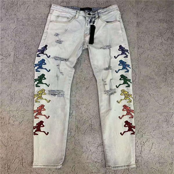 Jeans da uomo maschi in denim ricami casual ricami patchwork pantaloni classici buchi di moda applique moto motociclette sottili skinny w201f