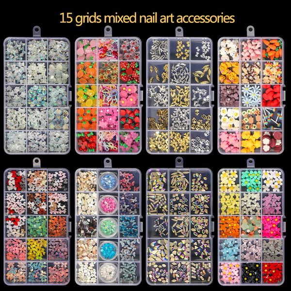 Decorações de arte da unha 15 grade mistura de desenho animado colorido kawaii resina unhas charms de liga gemas peças de unhas de luxunhas Acessórios de decoração de arte 230822