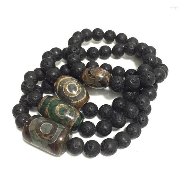 Bracelets de charme Energia Lava Stone Tibetano Natural Dzi Agates Jóias pretas de miçangas pretas Três olhos para masculino