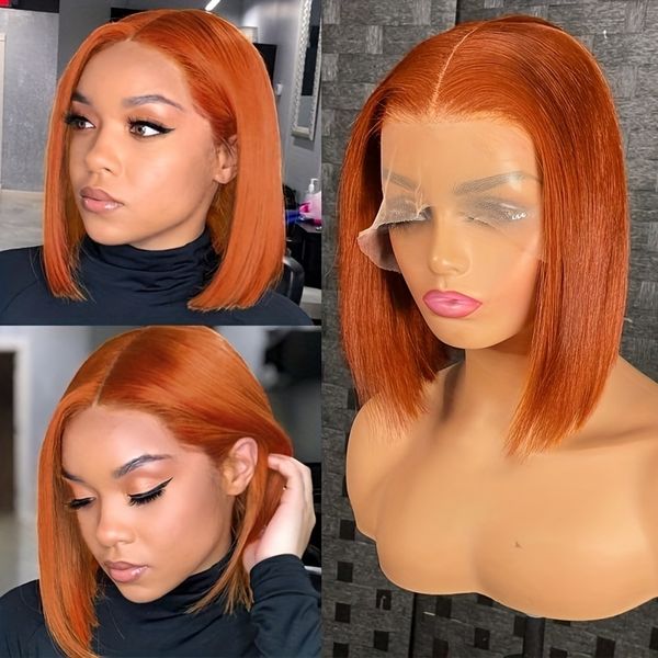 Weitere Modeaccessoires: Ingwer-Orange, gerade Bob-Perücke, Spitzenfront-Echthaar-Perücken für schwarze Frauen, Echthaar, brasilianisches Haar, Knochen, gerade Spitze-Front-Perücke