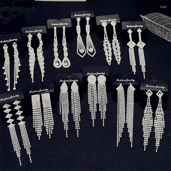 Brincos dangleds fyuan moda moda de cristal de borla longa para mulheres cor de prata strass shanging brinco jóias de casamento de noiva