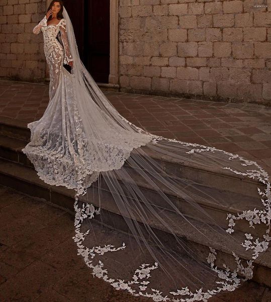 Veli da sposa bianco 4m matrimonio in pizzo applicato bordo lungo accessori tulle 1 velo di livello con pettine