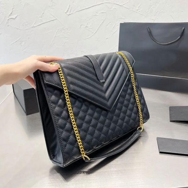 Umschlag Messenger -Tasche Kette Crossbody Taschen große Kapazität Handtasche Klappen Geldbeutel gestepptes Nähen echtes Ledermodebrief Magnetic Snap Women Modes Bag