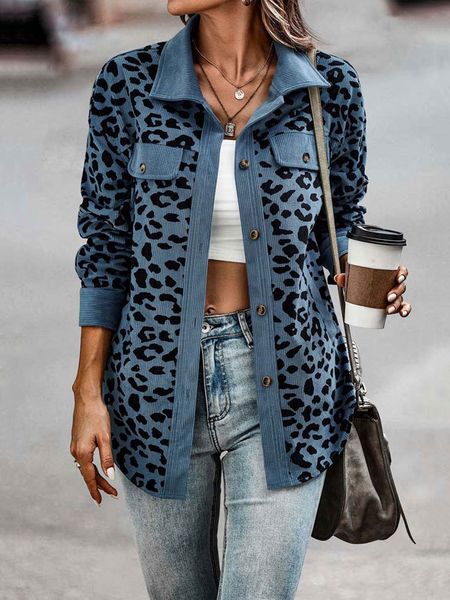 JACETAS SUMENS SOMENAS 2023 Autumn Winter Women Leopard Jacket Corduroy Coat Fashion Ladies Casual Overshirt Slave Longa Camisa solta 230822