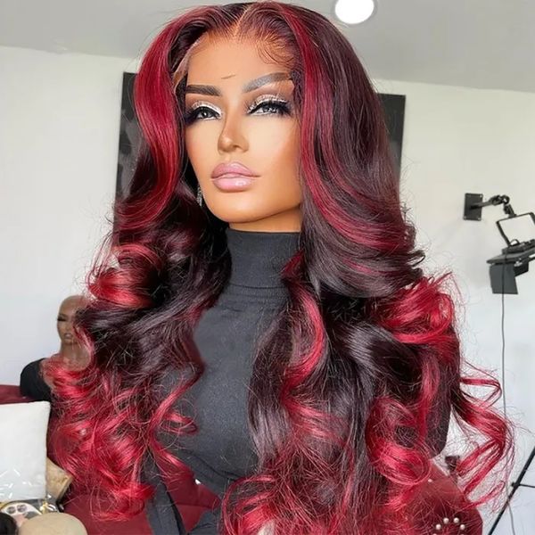 1b 99J Borgonha Human Hair Wig Wig Wave Wigs Front Wigs para Mulher HD Lace Frontal Destaque Destaque colorido Human Hair Wigs