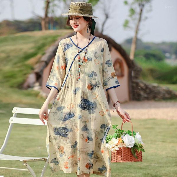 Vestidos de festa 2023 Chegada de algodão suave de luz fino imprimir impressão floral vintage estilo chinês vestido de verão mulheres viagens casual