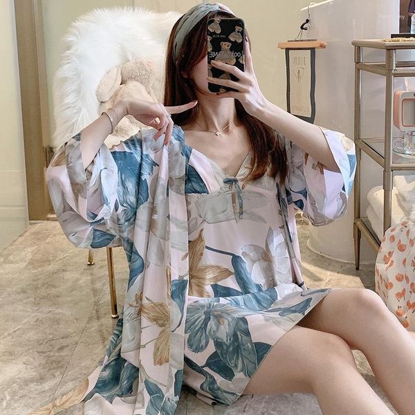 Sleepwear feminino FDFKLAK Sexy Suspender Nightdress Robe Duas peças conjunto Rayon Cotton Spring Summer Summer Bathrobe GOWN para mulheres