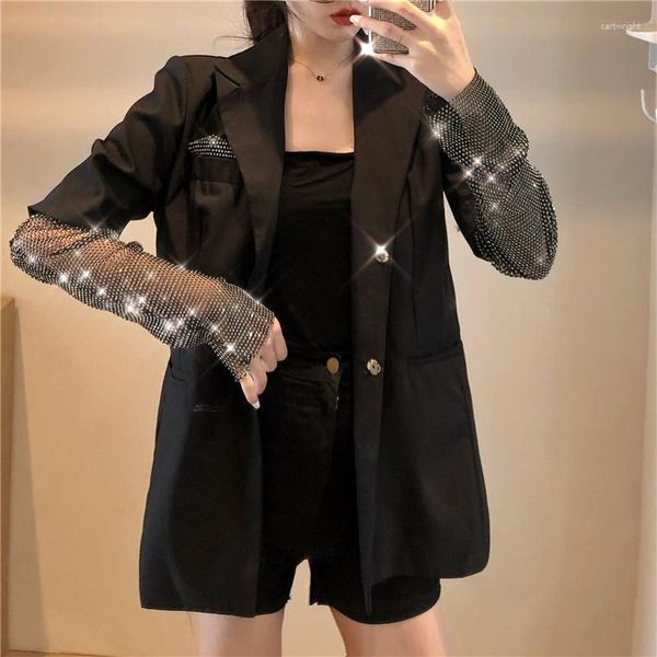 Ternos femininos em estoque feminino Blingbling Diamond Blazer Cardigan Fashion Casual Chic Shine Rhinestone Jacket Spring Summer Slim Slim Vintage Top