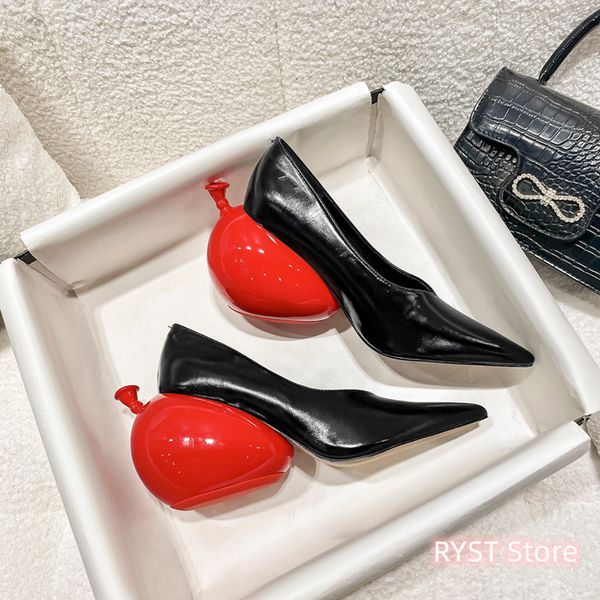 Sapato de vestido salto de balão vermelho apontado com os sapatos rasos em sapatos femininos estranhos meninas casuais bombas 230823