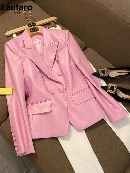 Женская кожаная искусственная искусство Lautaro Spring Spring Short Pink Soft Pu Blazer с длинным рукавом Slim Fit Luxury Jackets for Women Elegant Fashion 5xl 230822