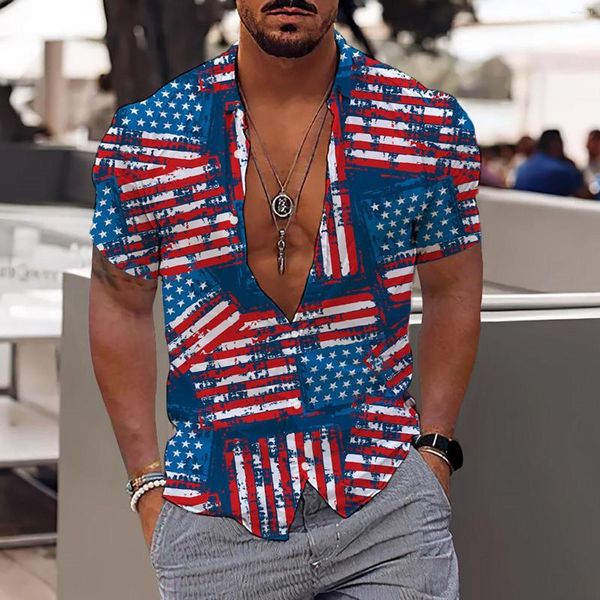 Herren lässige Hemden t Männer Hemd Herren Mode und Freizeit 3D Digital Druckknopf Revers Independence Day Kurzarm