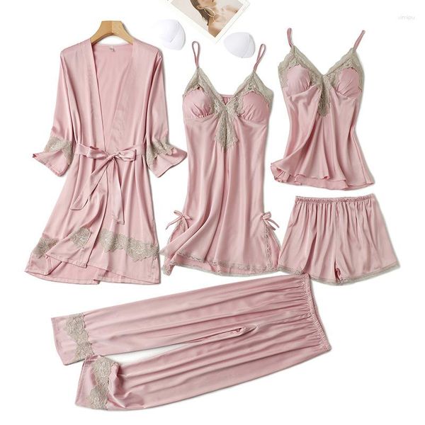 Frauen Nachtwäsche Sommer sexy Spitzenapplikationen Satin -Robe -Nachtwäsche Sling Shorts Hosen 5/2/1 Pyjamas Sets Nachtwäsche mit Brustpolstern