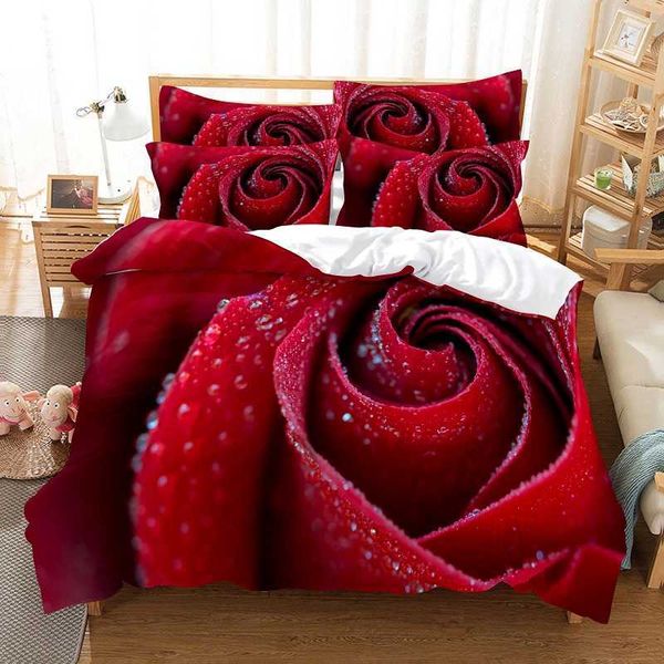 Bettwäsche-Sets, rote Rose, Bettwäsche-Set, Steppdecke/Bettbezug, 3D-Doppelbett, volles Doppelbett, Einzelbett, 3/2-teiliger Trösterbezug