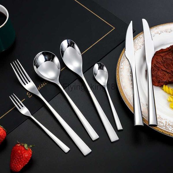 Edelstahl -Tischgeschirr verdickter Steakmessergabel europäischer Stil Western -Geschirr Sets Quadratgriff Dessert Löffel Besteck HKD230812