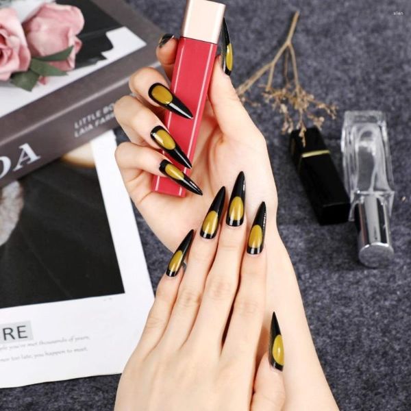 False unhas 24 PCs Moda Falsa de Ice Amarelo Transparente Halloween Dark, vestindo remendos de unhas, unhas acabadas francesas destacáveis