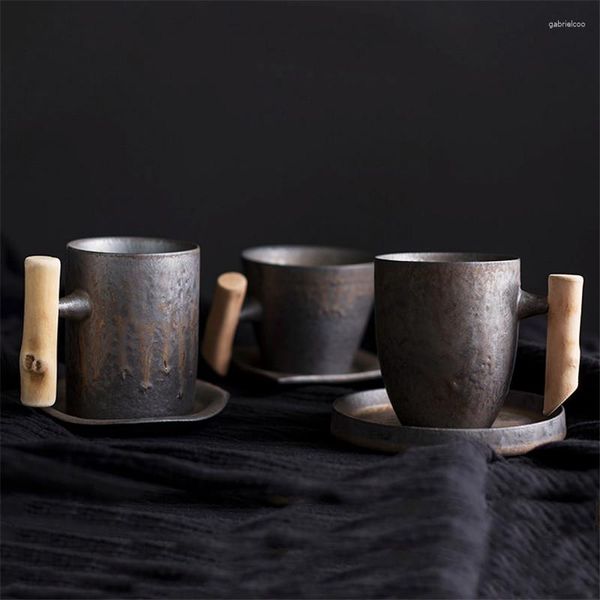 Xícaras picadas de chá de cerâmica japonesa caneca de chá vintage copo de leite retrô com manípulo de madeira aparelho de bebida