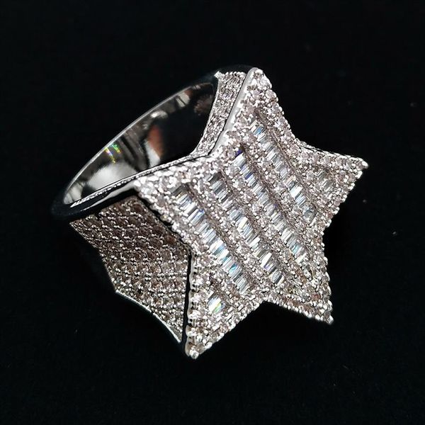 18k Gold Oro Gold Mens New Bling Cubic Zirconia Pentagram Hip Hop Ring Guys Full Diamond Iced Out Rapper Gioielli Regali per Boy305S