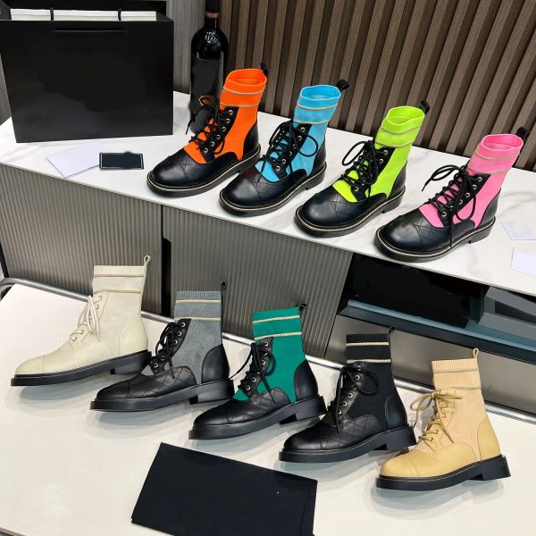 Designerstiefel Frauen Boot Flachschuhe echte Lederstiefel Klassiker Martin Bootie Ladies Socken Stiefel gestrickt Elastic Stiefel Stiefel