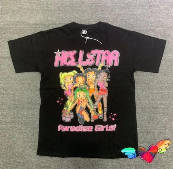 Erkek Tişörtleri 2023SS Hellstar Cennet Kız Tee Erkek Kadın Pembe Grafik Stüdyoları T-Shirt High Street Teps Siyah Kısa Kollu