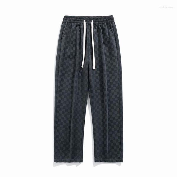 Calça masculina de alta qualidade Cordamento xadrez casual rastrear pista de retalhos