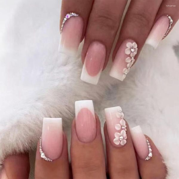 False Nails Square Head French Fake Fashion Comprimento completo Dicas de unhas vestíveis Manicure destacável Pressiona na garota