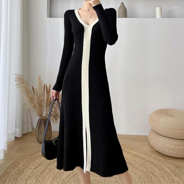 Vestidos casuais suéter coreano Sweater Women Fall 2023 Elegante Faixa de moda tricô de algodão A-line Dress Tatchwork Midi vestidos