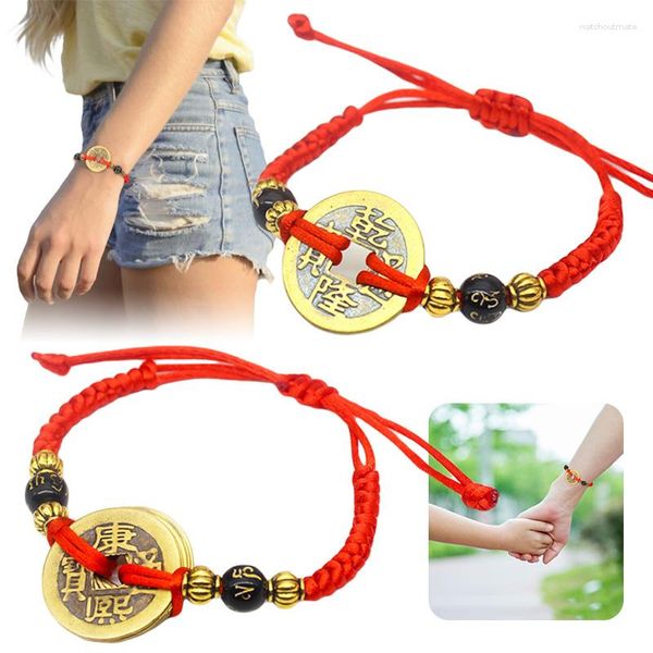 Link Armbänder 5pcs chinesische Kupfermünze Rot String Armband Frau Männer Glückliche Amulett -Gewebe -Perlen Seil Freundschaft Paar Armband Schmuck Schmuck