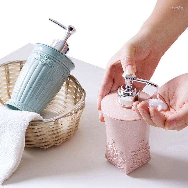 Dispensador de sabão líquido esculpido plástico reciclável Cream Garrafas Recipiente para Gel de chuveiro de shampoo cosmético