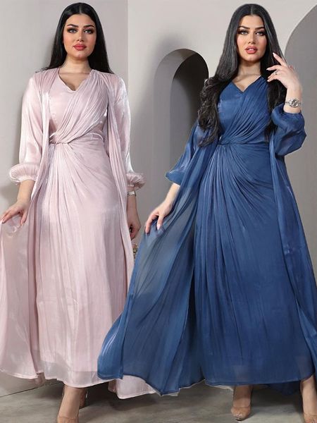 Roupas étnicas Marrocos Partido Vestido Mulheres Abaya 2 Peça Set Silky Cetim Dubai Vestidos Muçulmanos Eid Caftan Noite Long Robe Vestidos Abayas Robe 230824