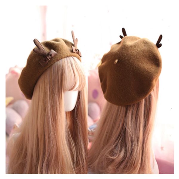 Berets Girl Wolle Weihnachten Antlers Beret gemütlich süße Hut Frauen Mütze Unisex Künstler Cap Dome Solid Color Dekoration Großhandel 230823