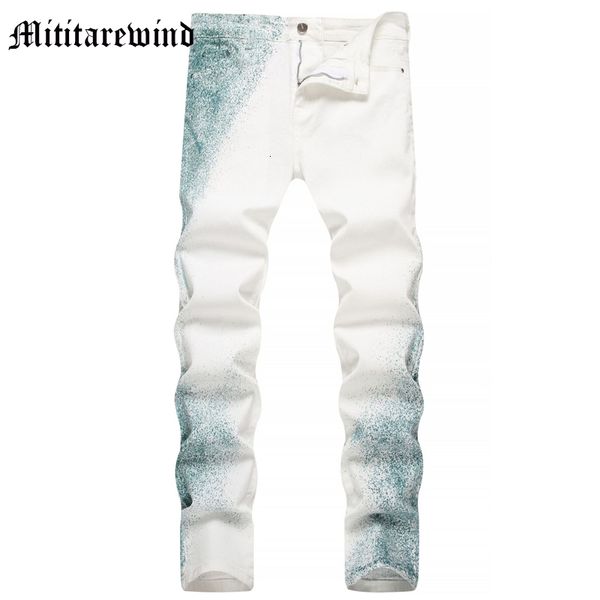 Jeans da uomo shigh street design splash inchiostro slim white casual dipinto di moda pantaloni in denim hip hop y2k streetwear goetle gooders 230823