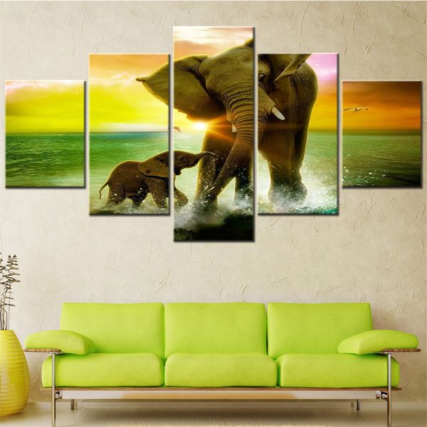 Gemälde 5 Stück ästhetische Wohnkultur Malerei Happy Elephant Family Bild modulare Wandkunst Canvas Print Kids Room Dekoration Kunstwerk 230823