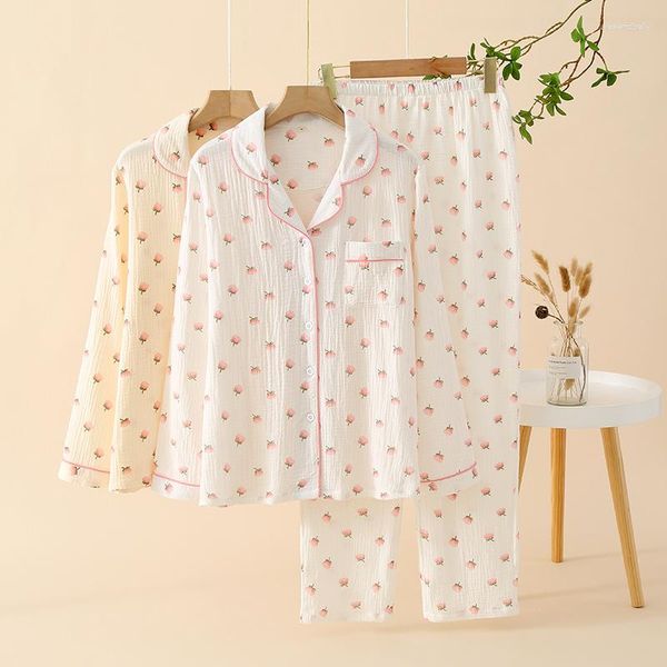 Frauen Nachtwäsche Herbst Baumwolle Pyjamas Crepe Dünne Langarm-Turnhalterkragen Schlaf Top Gaze Hosen Anzüge Haushaltsbekleidung 2 Teile Set Set Set