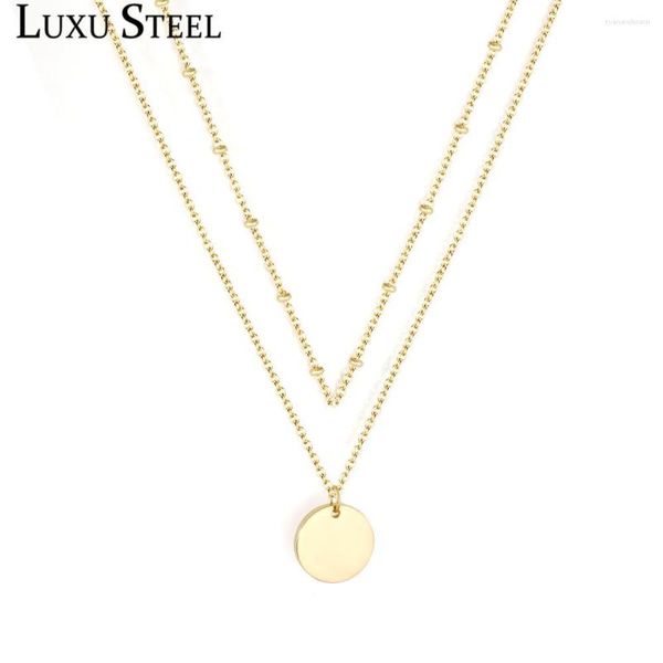 Anhänger Halsketten Luxusteel Münze Gold Farbe Doppelketten Perlen Frauenkragen Halshöre Edelstahl geschichtetes Schmuck Bijoux