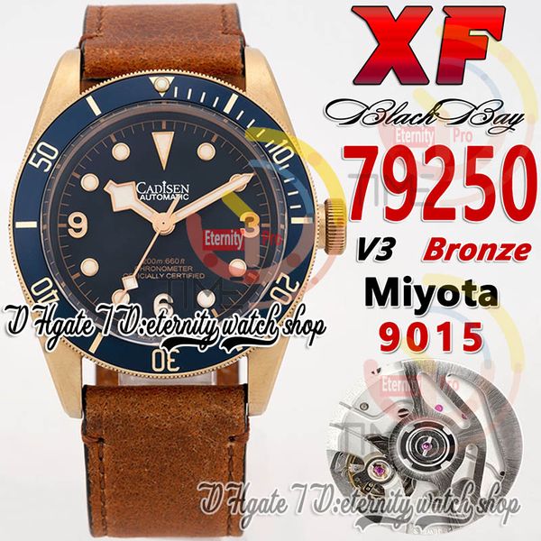 XF 79250 Bronze 9015 Homens automáticos Relógio 43mm Blue Dial Bronze Caixa de aço PVD Marcadores luminosos Correia de couro antigo 2023 V3 Super versão relógios eternidade