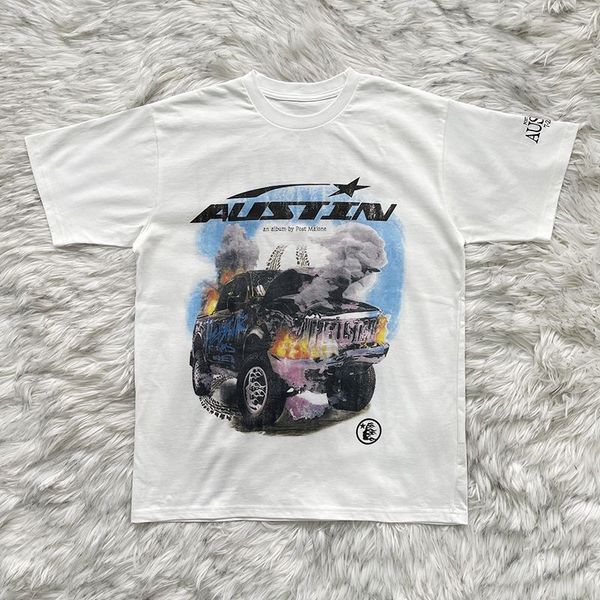 Hellstar Post Tee Collaboration Wind Fire Cars Мужчины Женские футболка с короткими рукавами мода унисекс хлопковой футболка для мужчин в ретро-футболке Summer Ship Fort Rock Smlxl