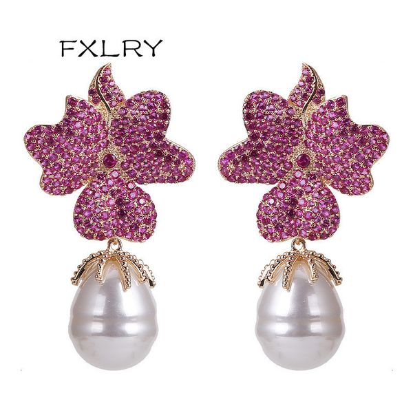 Stud fxlry moda rosa vermelha flor grande flor completa cenário de pérola irregular brincos de gotas femininas para festas de noiva no casamento de jóias 230823