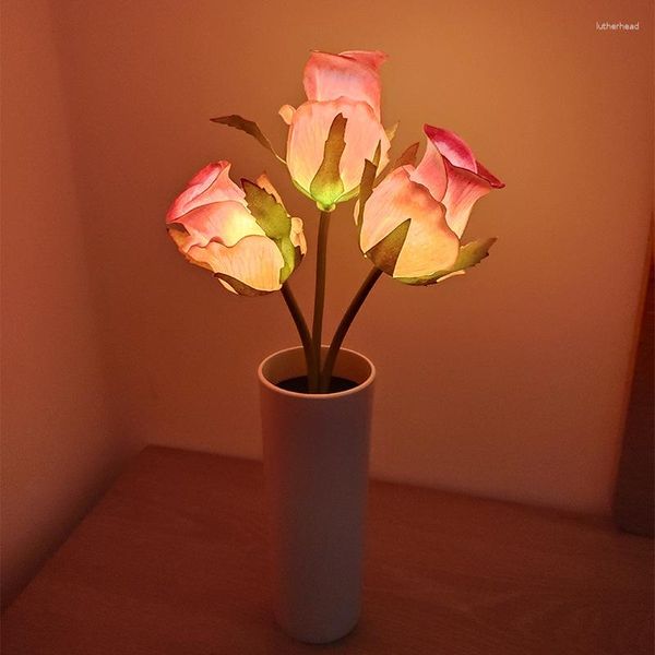 Luzes noturnas led rosa tulipa vaso lâmpada lumin