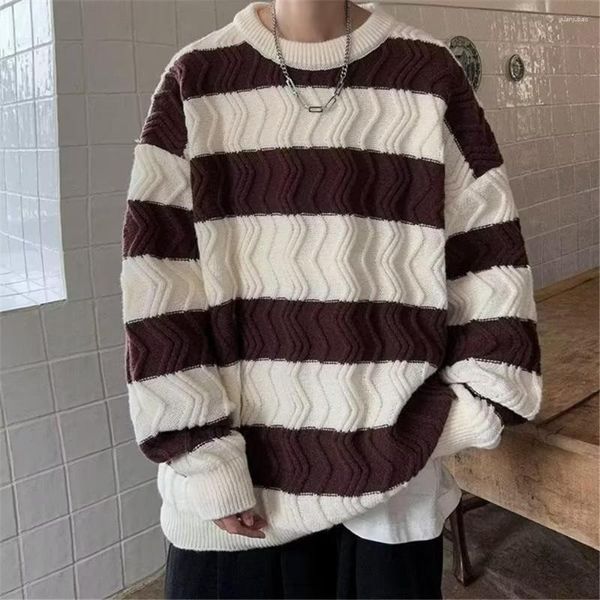 Blusas masculinas suéter geométrico listrado suéter de grandes dimensões 2023 outono homem malha de malha adolescente 3 cores